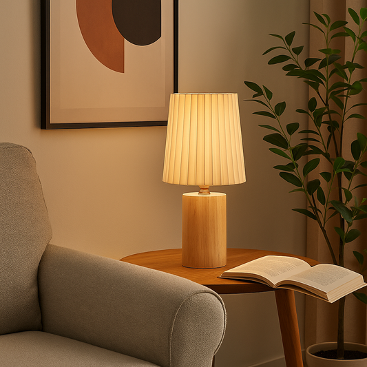 Nowoczesna Lampa Stołowa LED ScandiChic z Drewnianą Podstawą – Ciepłe Światło i Elegancki Design Idealny do Salonu i Sypialni