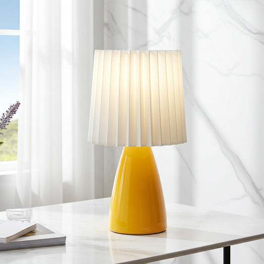 Elegancka Lampka Biurkowa LED ConePleated z Ceramiczną Podstawą i Minimalistycznym Kloszem – Idealna Lampka Nocna do Sypialni i Salonu